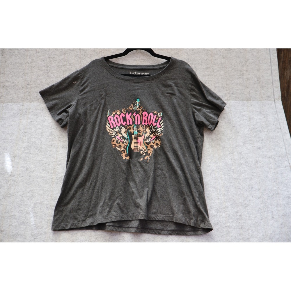 Luscious Cream Womens Rock n Roll Graphic T-Shirt Gray Leopard Guitar 3X
